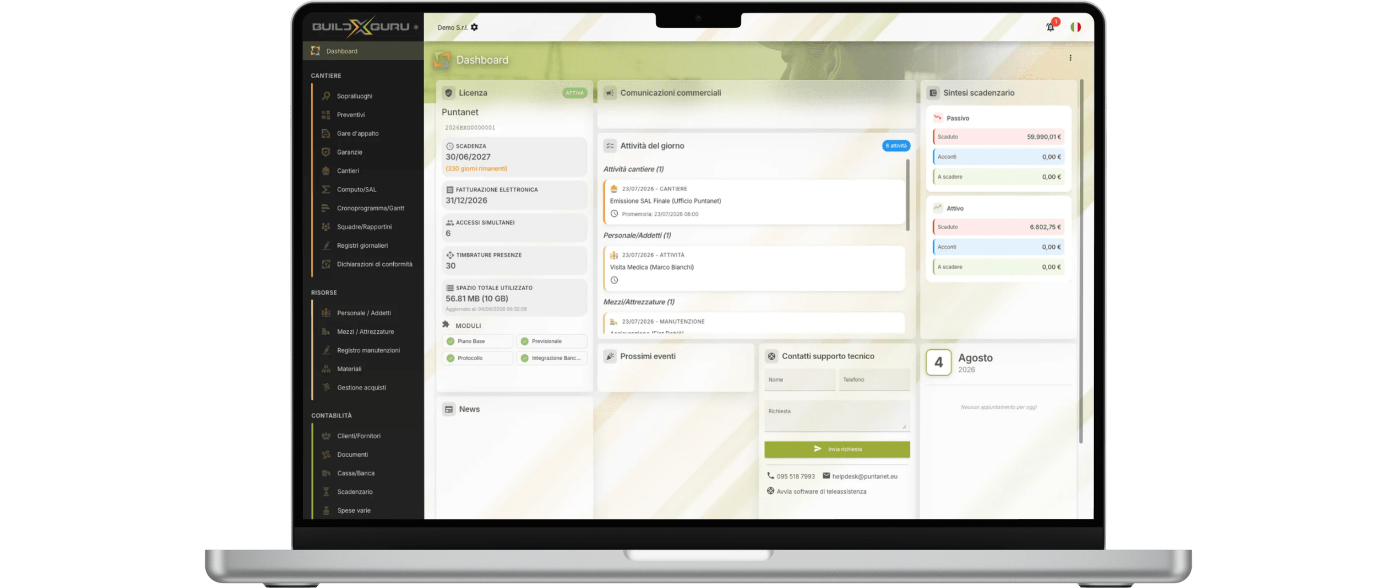 Dashboard BuildXGuru: panoramica delle commesse attive con avanzamento SAL, marginalità e ricavi.